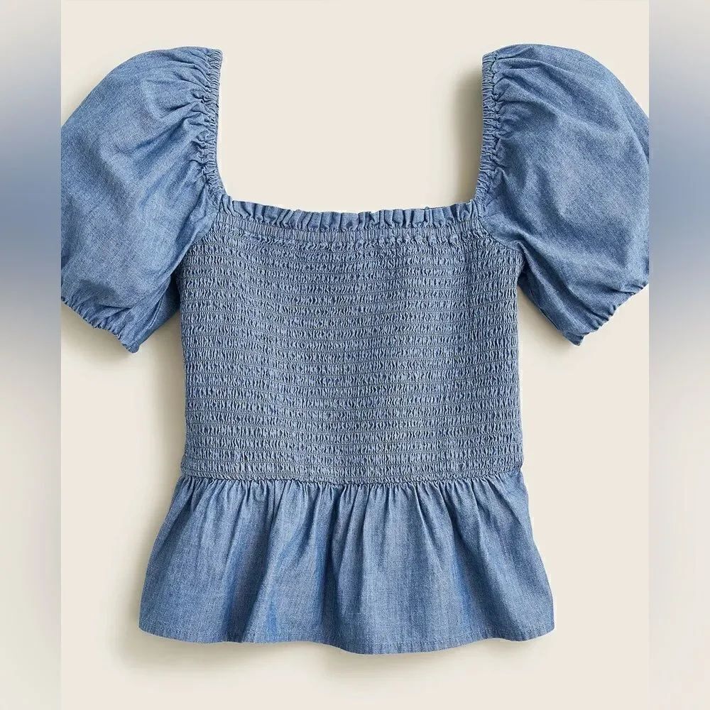 J Crew Chambray Squareneck Smocked Puff Sleeve Top NWT